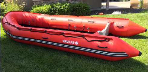 16' Saturn XHD488F Inflatable Rescue Boat - Partial Inflation Side View Showing Removed Aluminum Sectional Floor and Deflated Keel