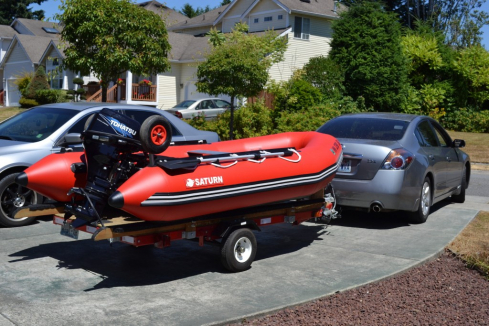 11' Saturn Inflatable Boat SD330 - Trailer with Outboard Motor and Dinghy Wheels
