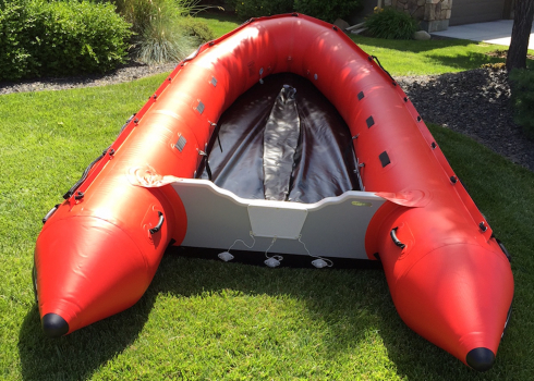 16' Saturn XHD488F Inflatable Rescue Boat - Top View Showing Removed Aluminum Sectional Floor and Deflated Keel