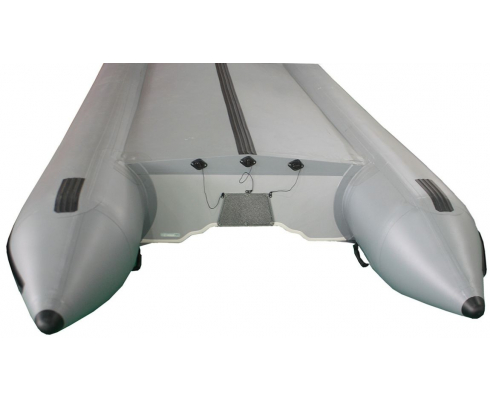 18' Saturn SD518 Inflatable Boat in Gun Metal Gray Color - Bottom View Showing Triple Drain Plugs and Extra Tube Reinforcement PVC